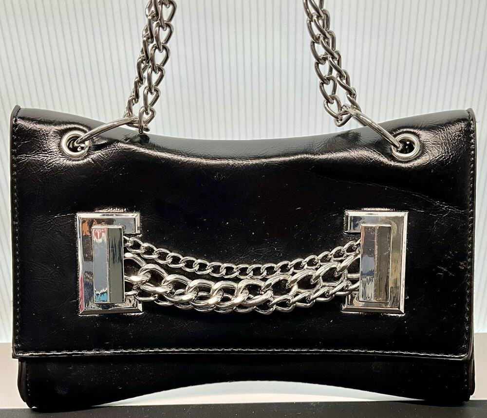 ASOS Faux Black Leather Shoulder Bag With Silver Chain Straps And Accents